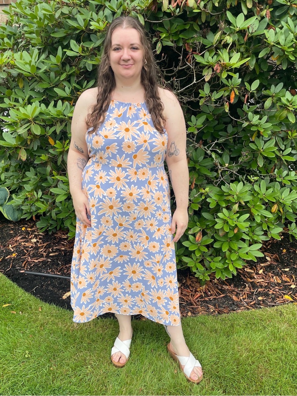 Halter Neck Midi Dress in Light Blue with Yellow Daisy Print